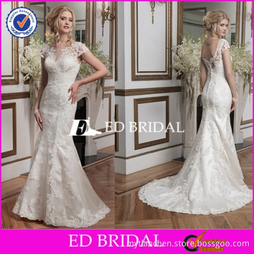 CE1209 2016 Cap Sleeve Low Back Trumpet Appliques Delicate Lace Wedding Dresses